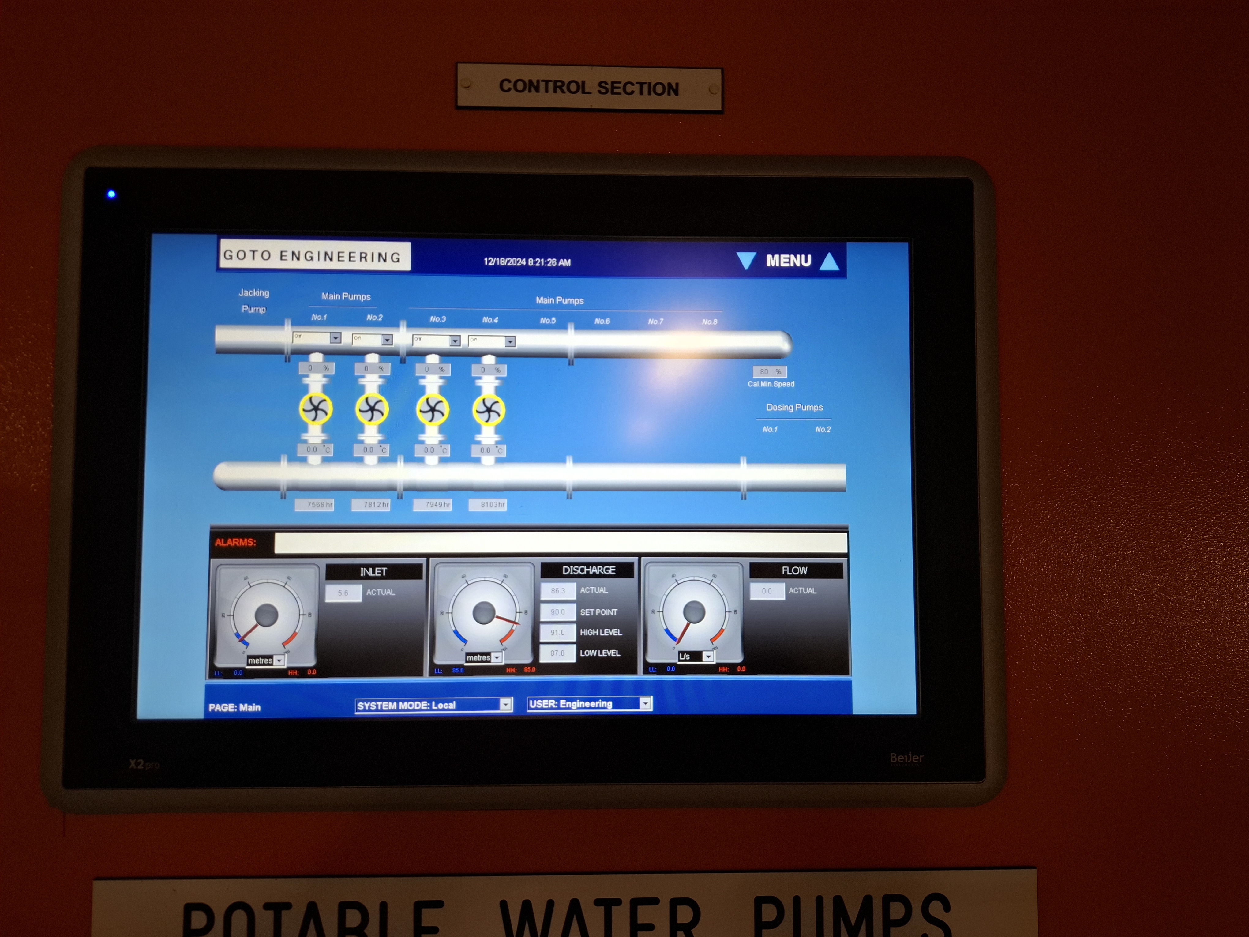 Potable Water Pumps HMI on Beijer X2 Pro — jacking pump and main pump bank with inlet, discharge and flow gauges